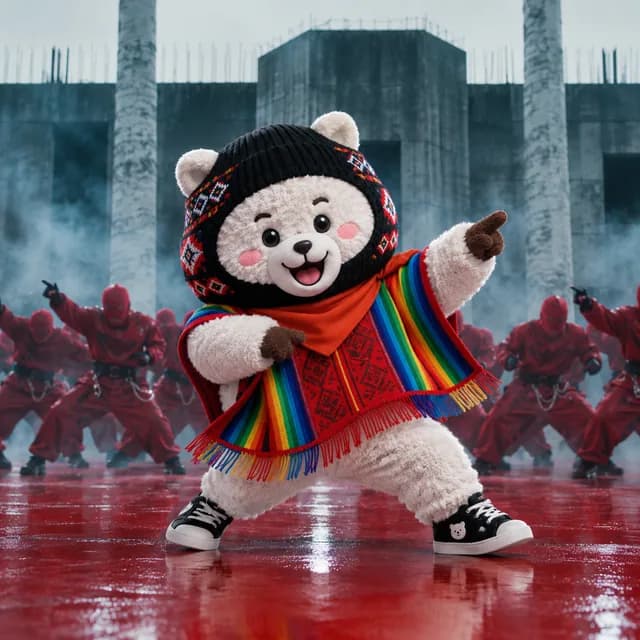 RJ con poncho andino y zapatillas, bailando delante de un cuerpo de baile vestido de rojo.