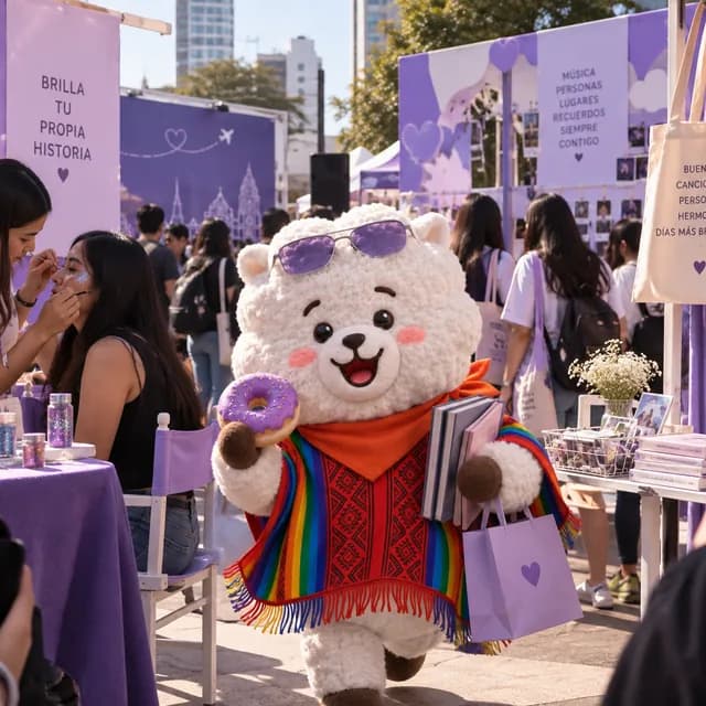 RJ con bolsas de compras en una activación decorada en morado.