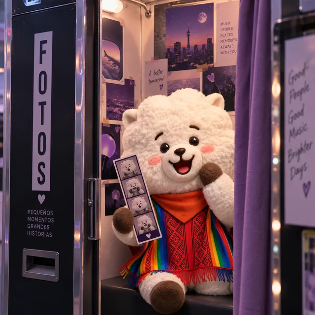RJ junto a una cabina de fotos morada, sujetando una tira de fotografías.
