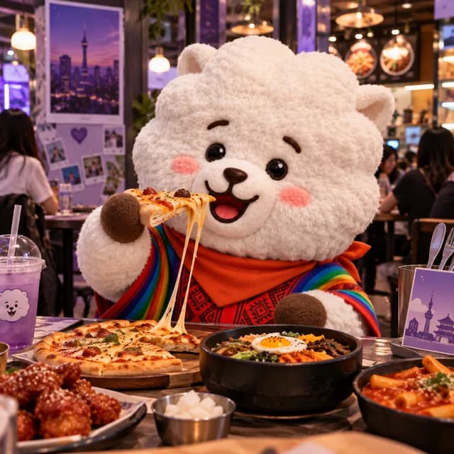 RJ comiendo en una mesa servida con platos de comida coreana.