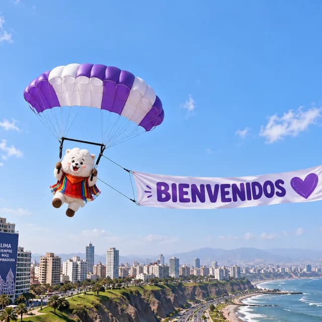 RJ en parapente sobre la costa de Lima con una pancarta que dice «Bienvenidos».