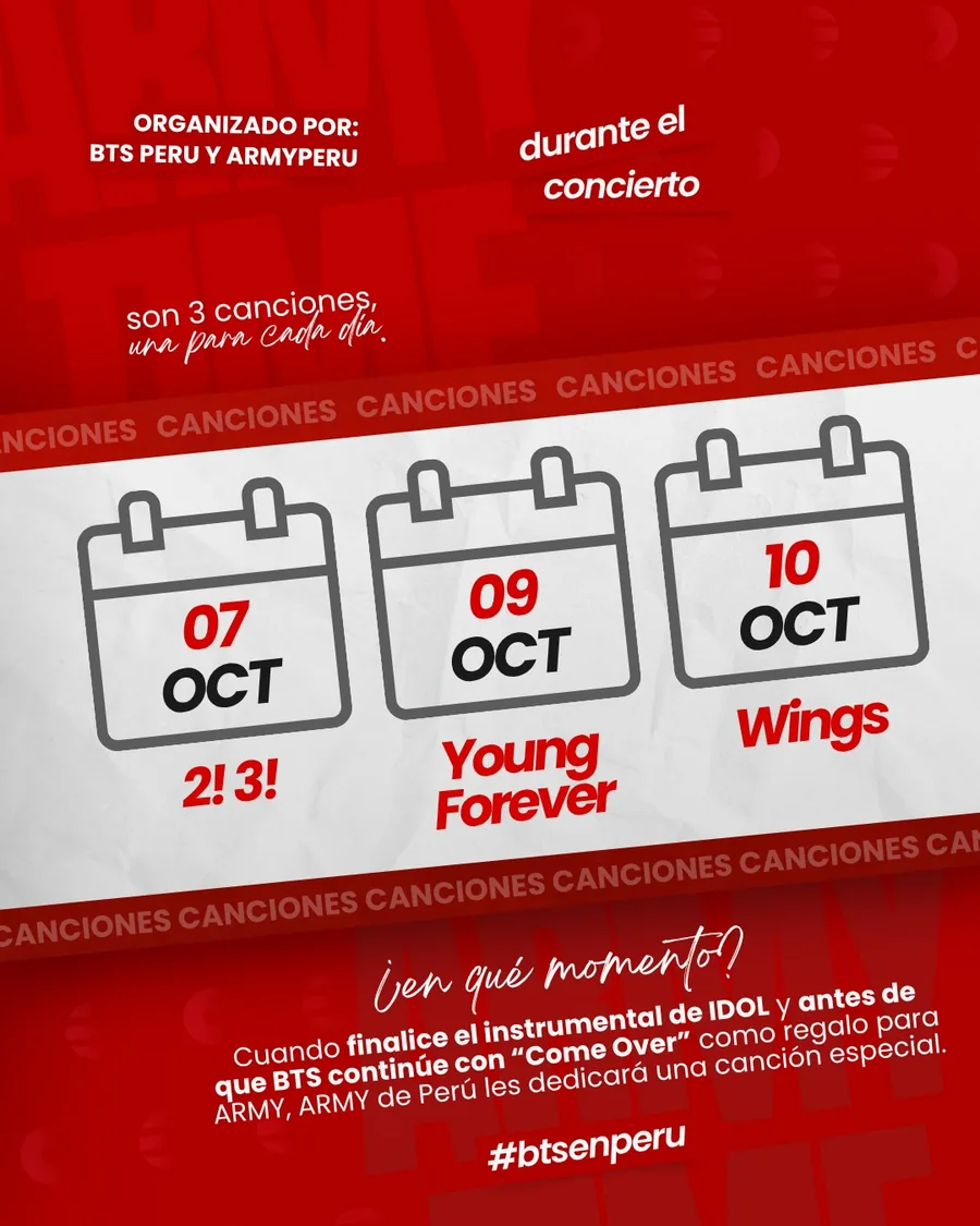 Pieza oficial de ARMY TIME con las tres fechas y su canción: 07 de octubre «2! 3!», 09 «Young Forever» y 10 «Wings».