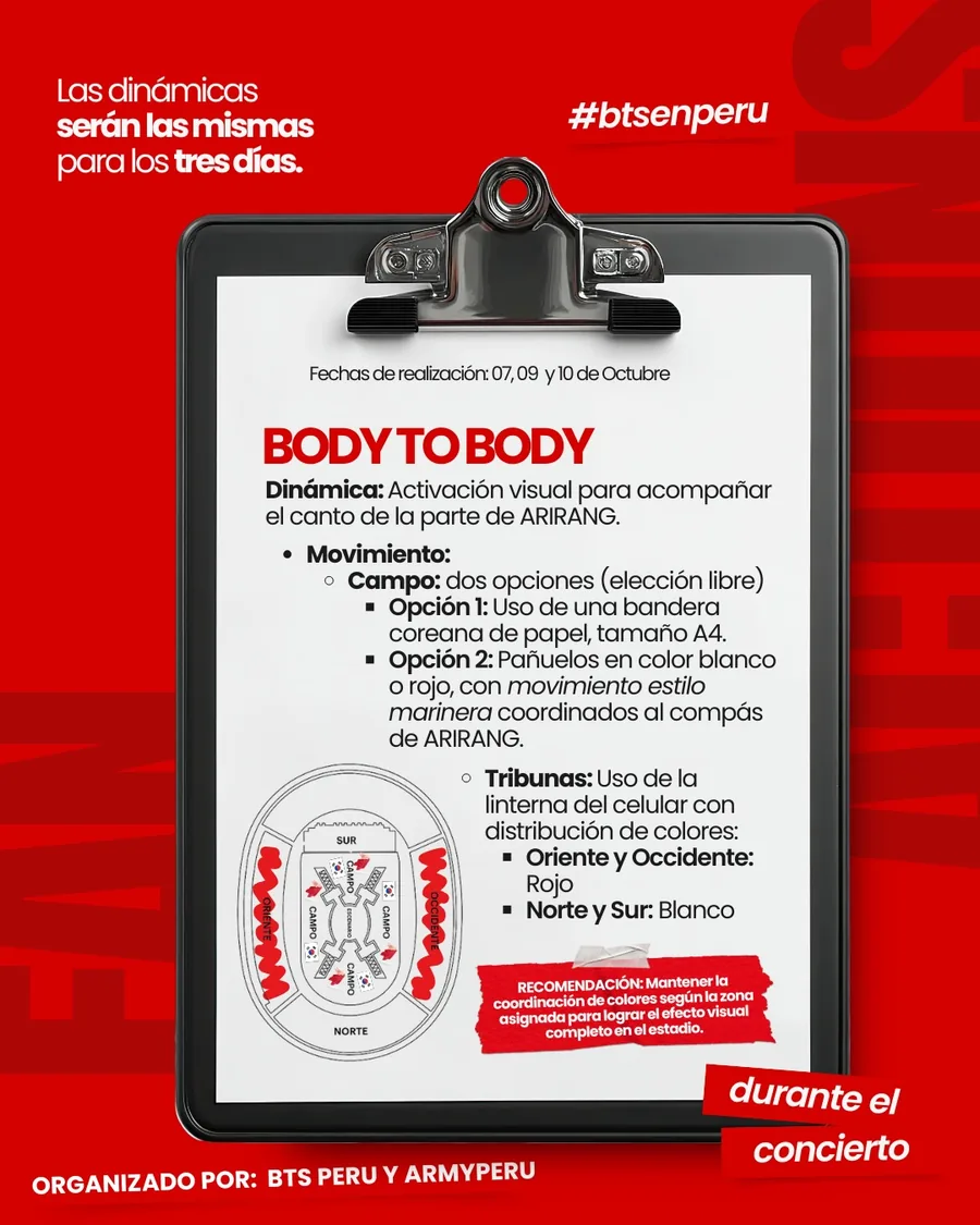 Lámina oficial de BODY TO BODY con el mapa del estadio y los colores de luz por tribuna.