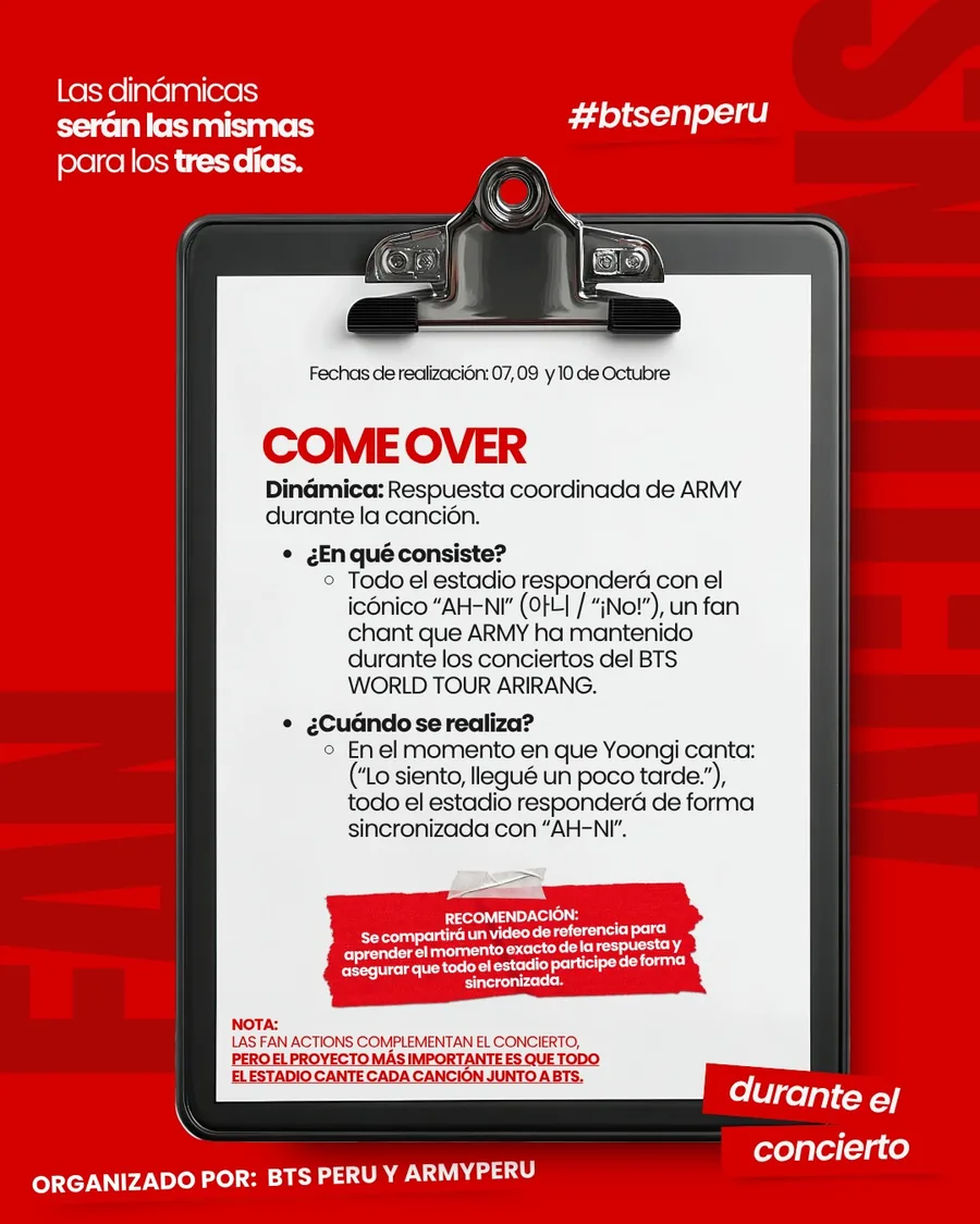 Lámina oficial de COME OVER con las indicaciones del fan chant «AH-NI».