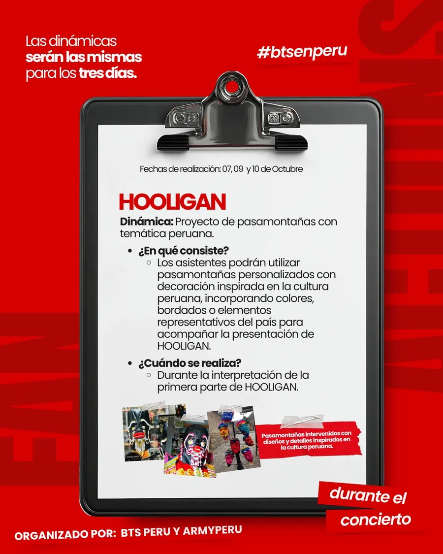 Lámina oficial de HOOLIGAN con las indicaciones de la dinámica de pasamontañas de temática peruana.