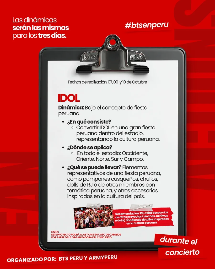 Lámina oficial de IDOL con las indicaciones de la fiesta peruana dentro del estadio.