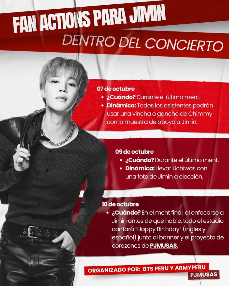 Pieza oficial «Fan actions para Jimin dentro del concierto», con el detalle de lo que toca cada una de las tres fechas.