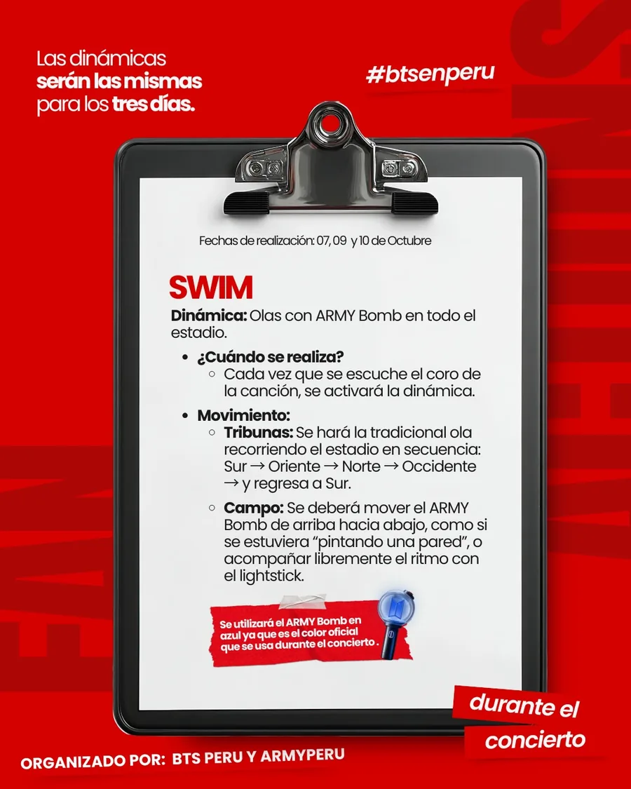 Lámina oficial de SWIM con las indicaciones de la ola de ARMY Bomb por tribunas y campo.