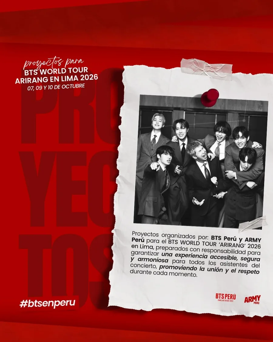 Pieza oficial «Proyectos para BTS World Tour Arirang en Lima 2026», con una polaroid de los siete integrantes sobre fondo rojo.