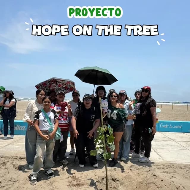 Un grupo de ARMY posa en la playa junto a un árbol recién plantado, bajo el rótulo «Proyecto Hope on the Tree».