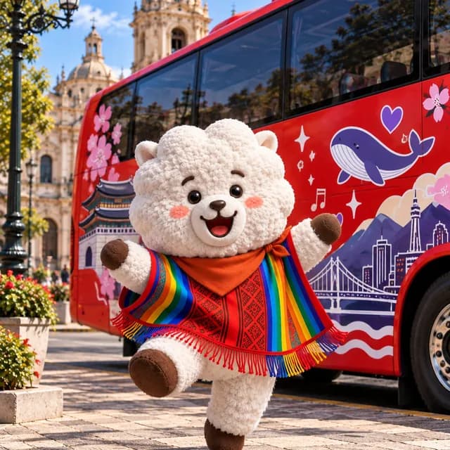 RJ corriendo junto a un bus rojo decorado, frente a una iglesia de Lima.