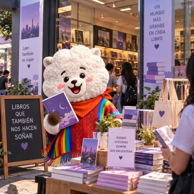 RJ con un libro en una librería decorada para la bienvenida.
