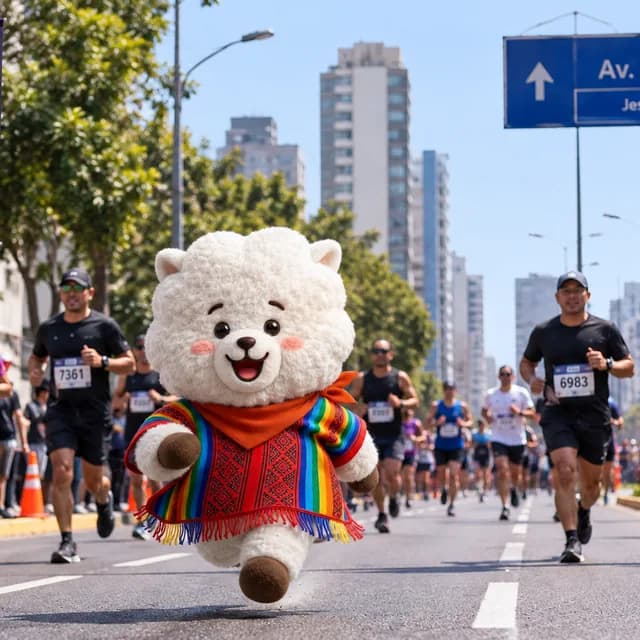 RJ corriendo una maratón por la avenida Brasil, rodeado de participantes.