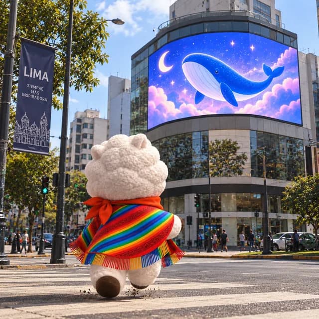 RJ con poncho andino frente a una gran pantalla LED en una avenida de Lima.
